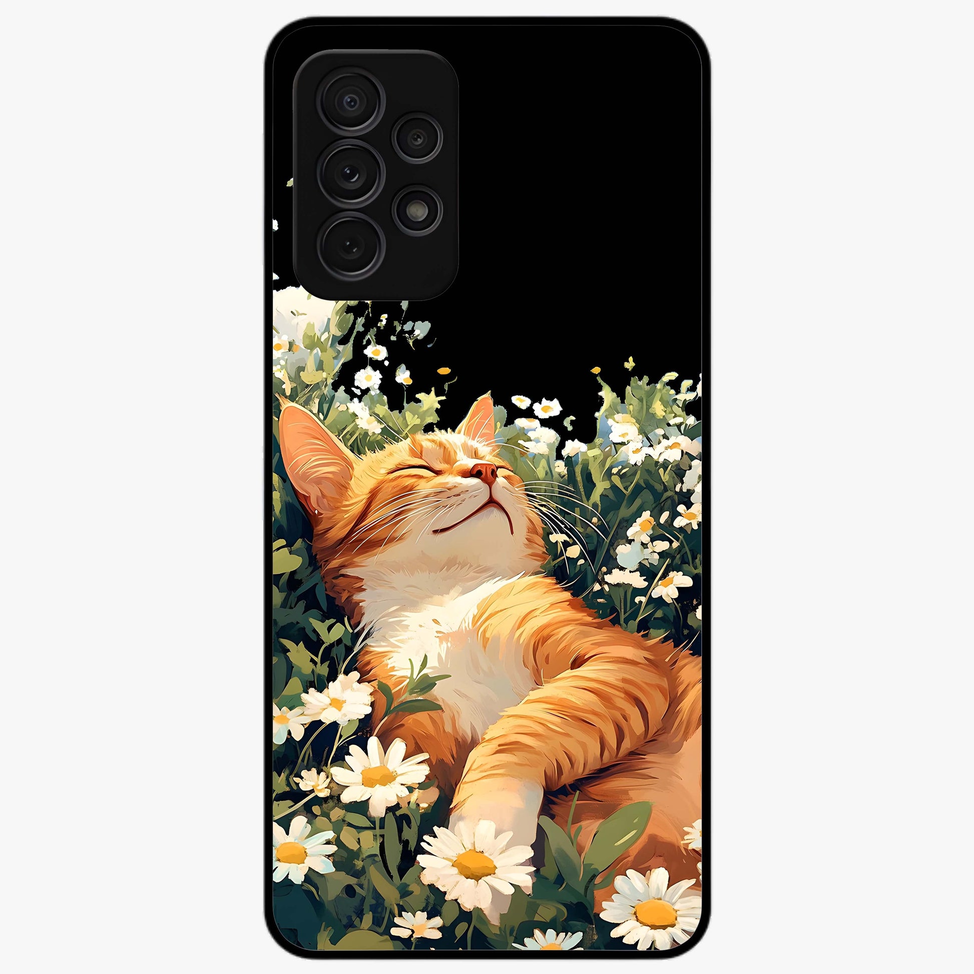 Blissful Bloom Cat Glass Case showing flat back view with cute cat and floral bloom artwork and glossy glass finish.