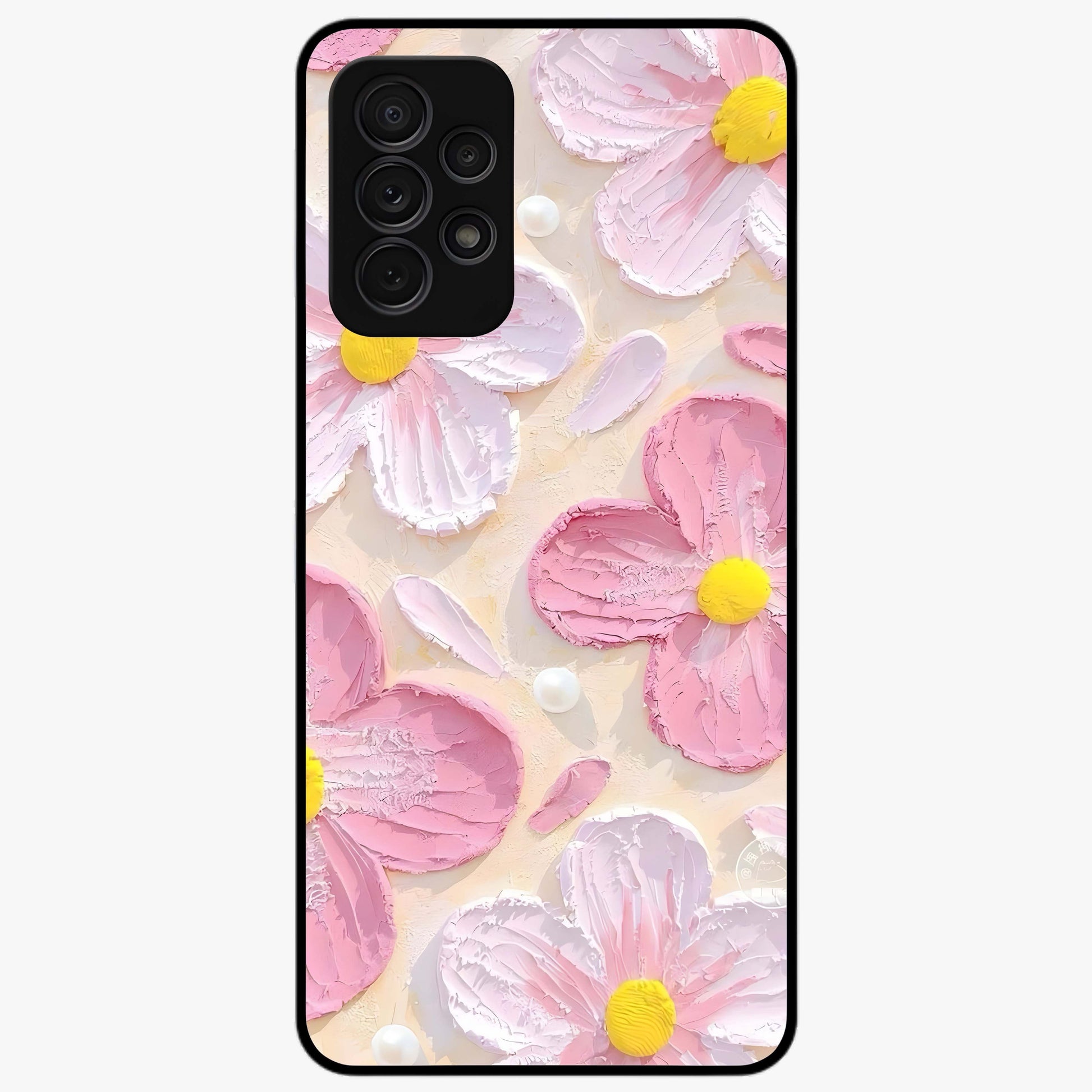 Blush Bloom Texture Glass Case showing flat back view with soft blush floral texture artwork and glossy glass finish.