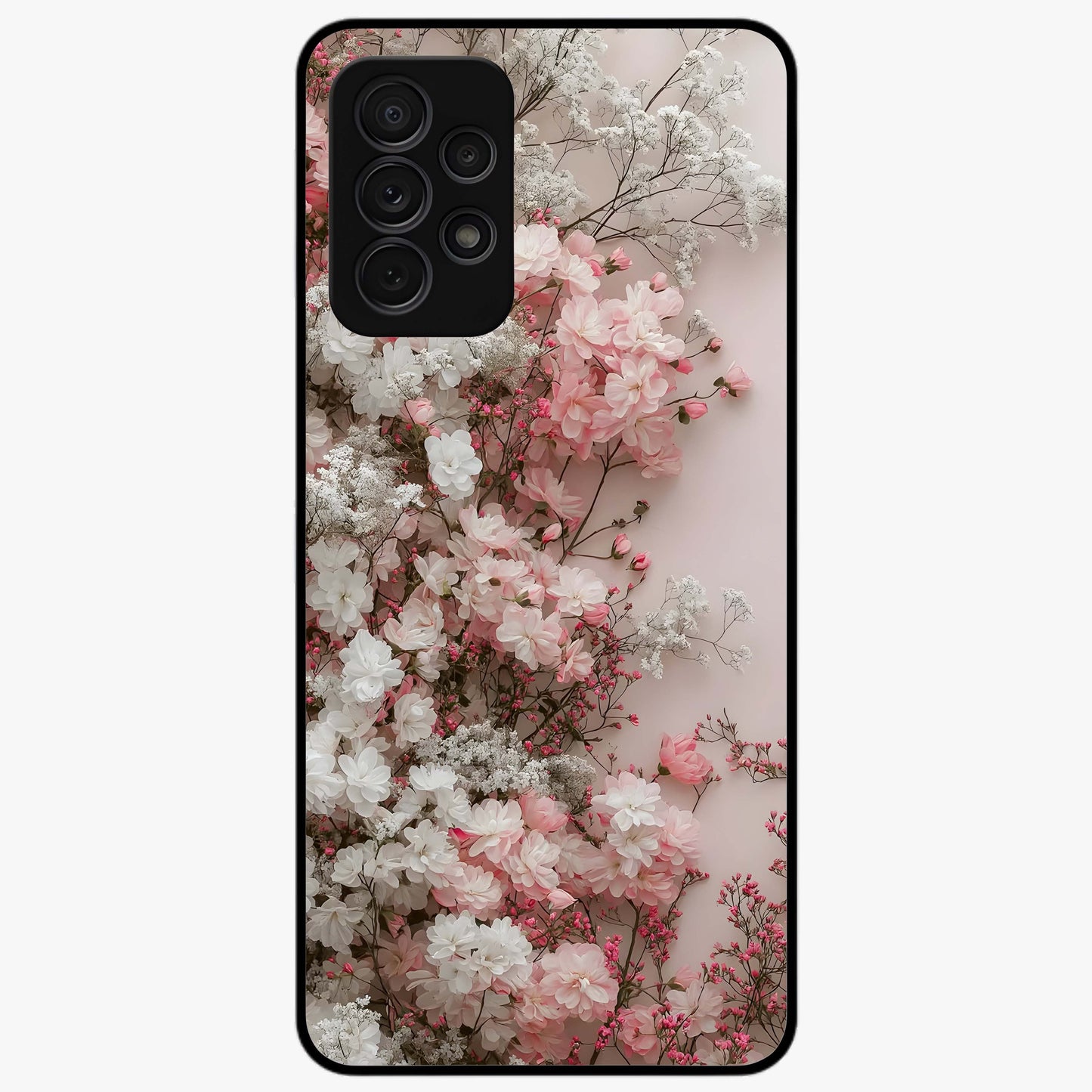Blush Blossom Cloud Glass Case showing flat back view with dreamy blush cloud blossom artwork and glossy glass finish.