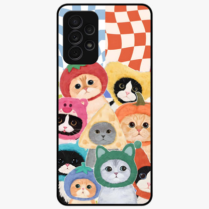 Cats in Fruits Glass Case showing flat back view with playful cat illustrations inside fruit artwork and glossy glass finish.