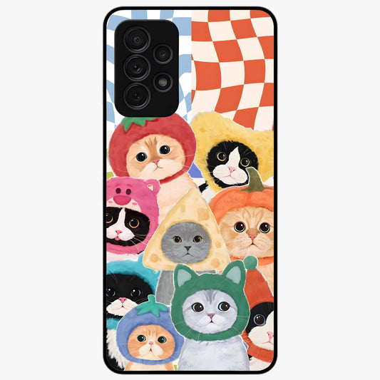 Cats in Fruits Glass Case showing flat back view with playful cat illustrations inside fruit artwork and glossy glass finish.