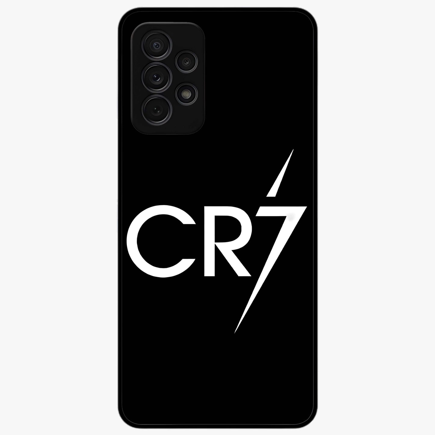 Cr7 Elite Strike Glass Case showing flat back view with dynamic football inspired artwork and glossy glass finish.