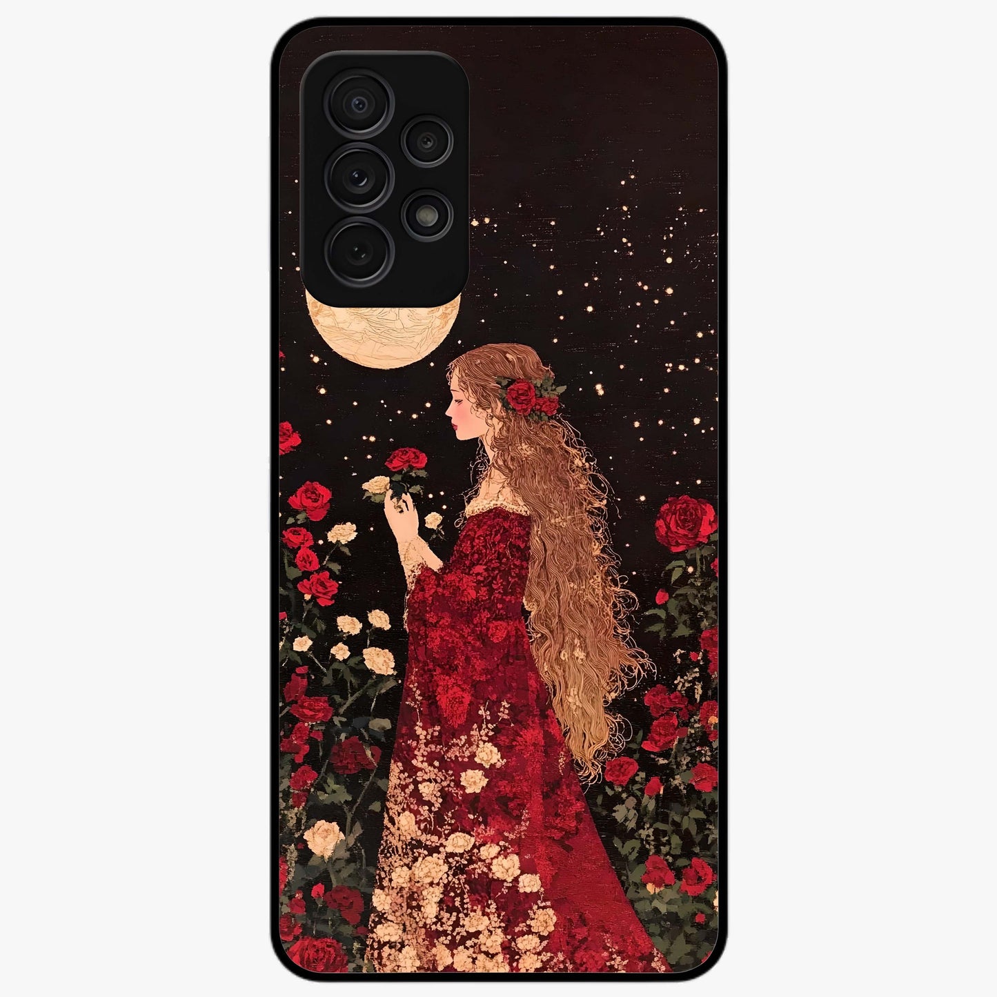 Crimson Dreams Glass Case showing flat back view with dreamy crimson artwork and glossy glass finish.
