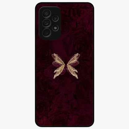 Crimson Fade Butterfly Glass Case showing flat back view with fading butterfly artwork and glossy glass finish.