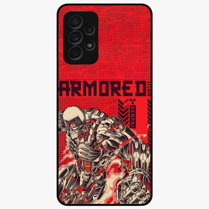 Crimson Mecha Titan Glass Case showing flat back view with powerful mech titan artwork and glossy glass finish.