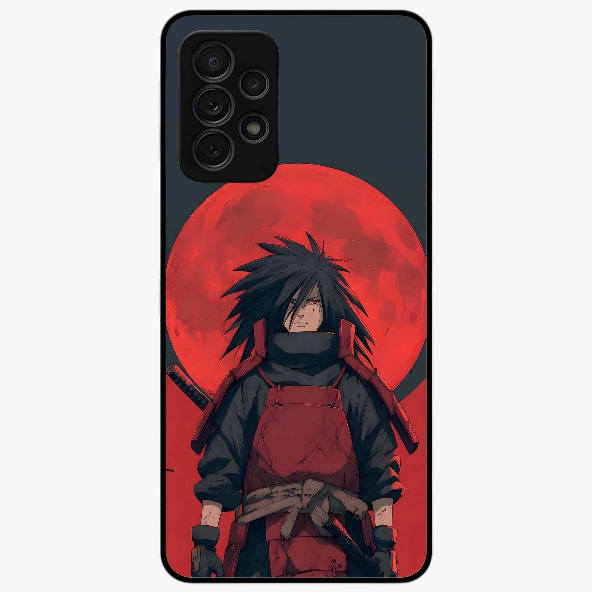 Crimson Moon Warlord Glass Case showing flat back view with mystical moon warrior artwork and glossy glass finish.
