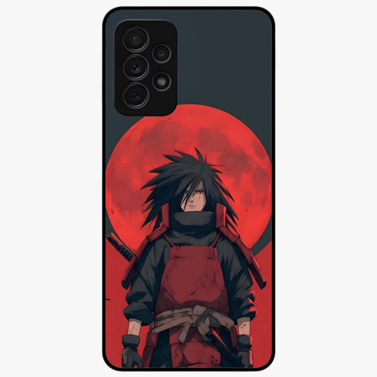 Crimson Moon Warlord Glass Case showing flat back view with mystical moon warrior artwork and glossy glass finish.