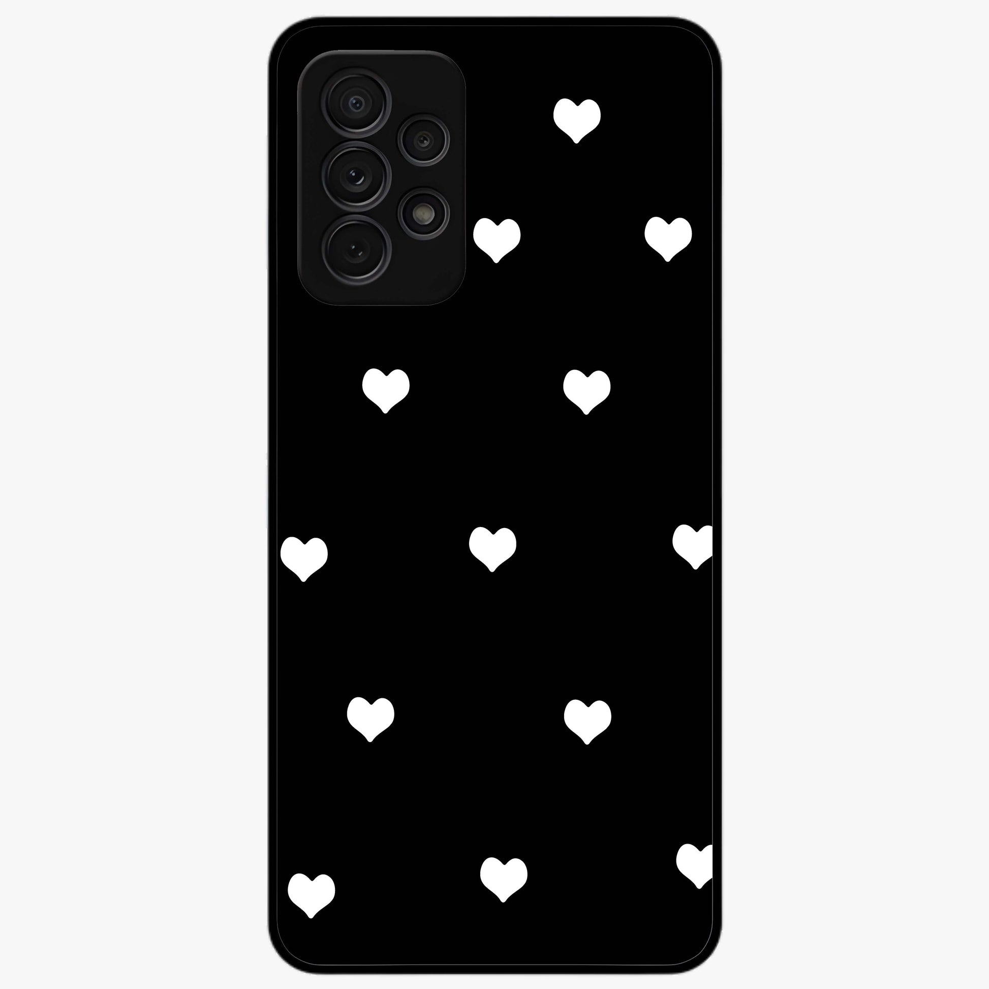 Cute And Simple White Hearts Glass Case showing flat back view with minimal white heart pattern and glossy glass finish.