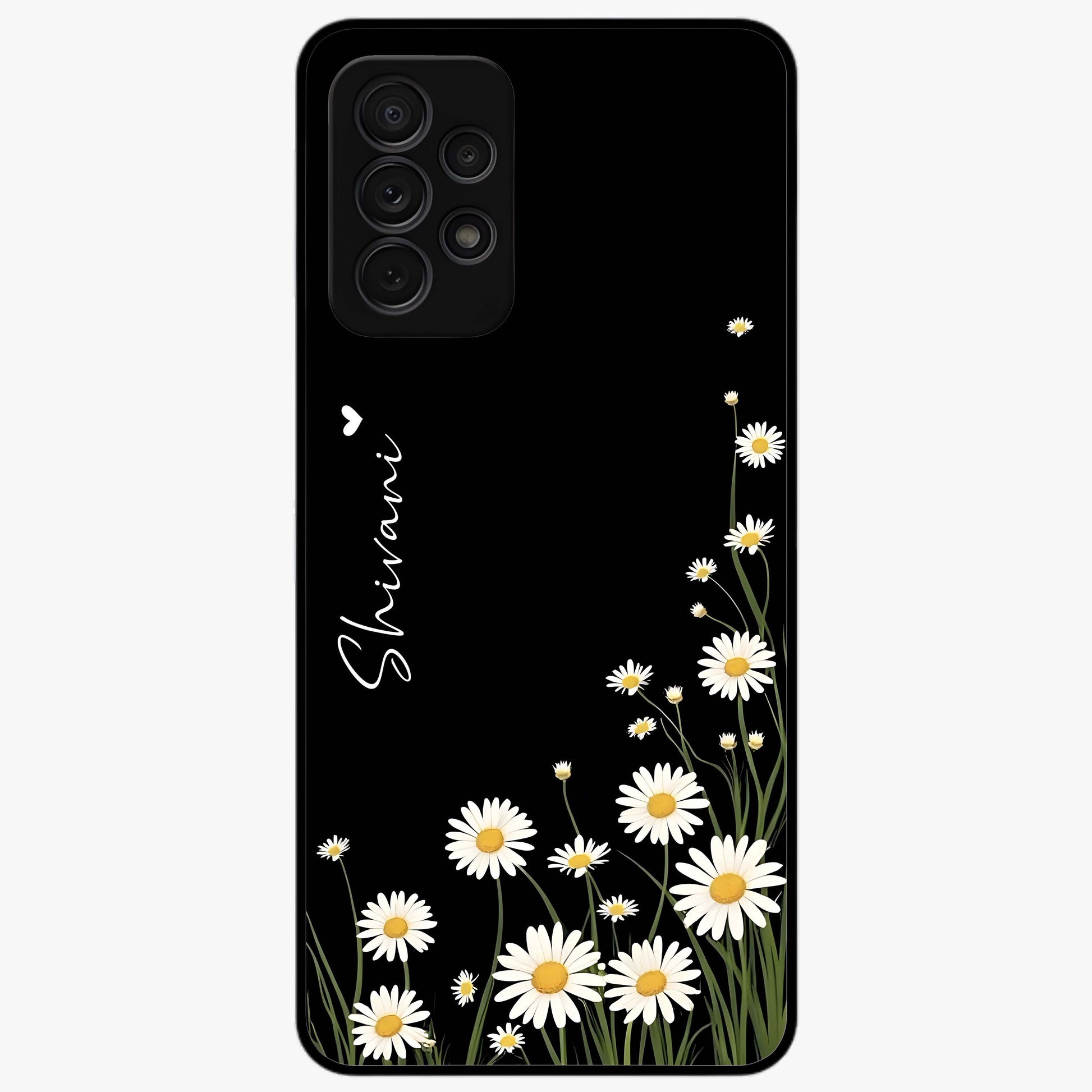 Daisy Cascade Custom Name Glass Case showing flat back view with cascading daisy flowers and personalized name design.