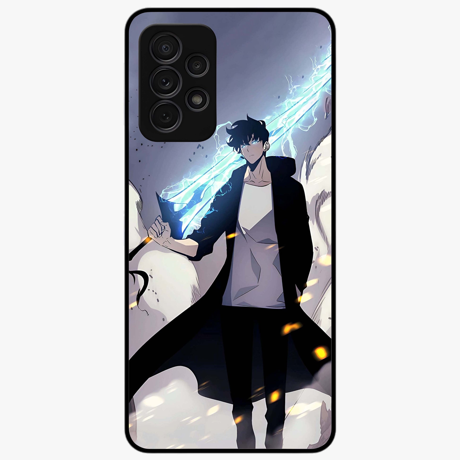 Dark Lightning Anime Warrior Glass Case showing flat back view with intense anime warrior artwork and glossy glass finish.