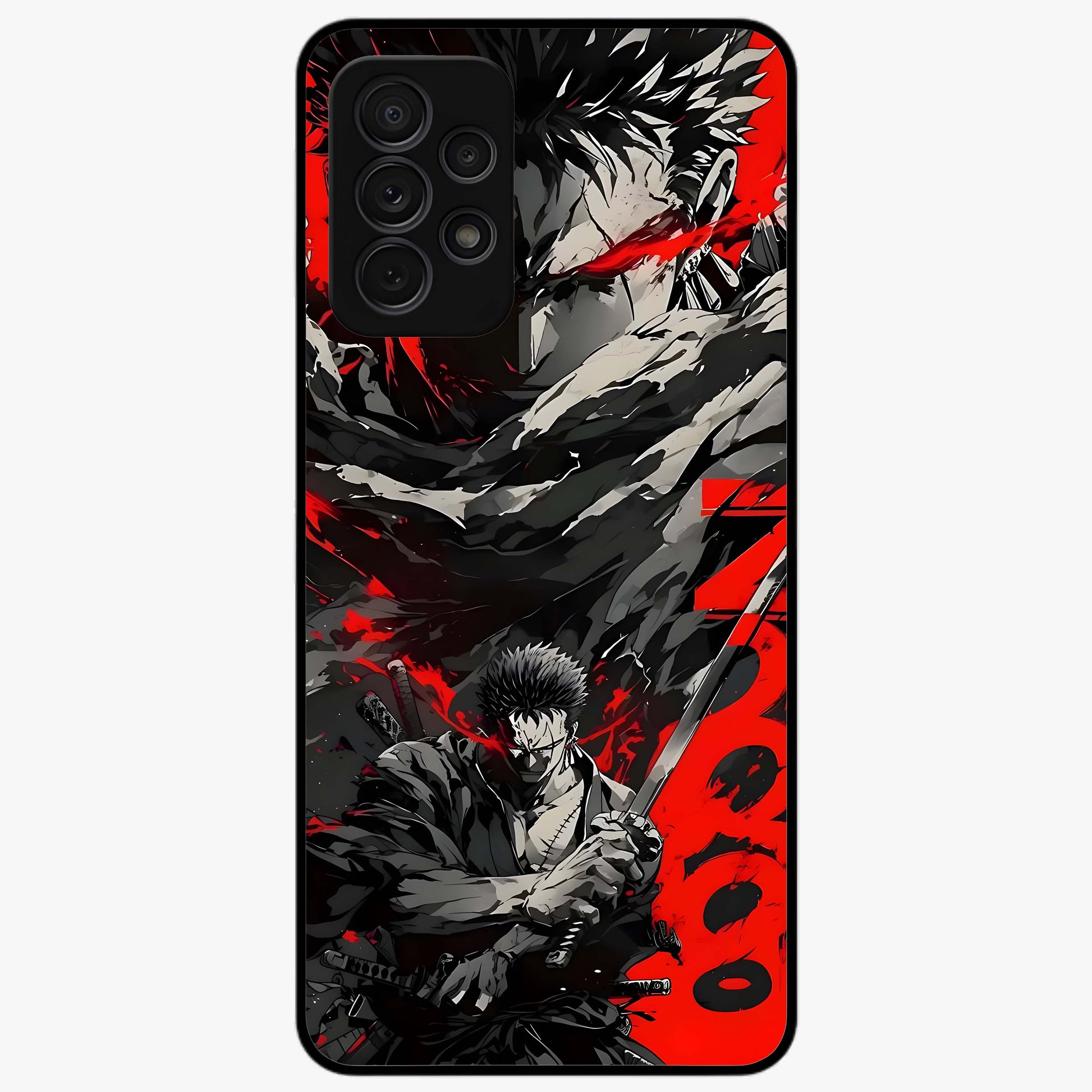 Demon Sword Resolve Glass Case showing flat back view with fierce sword warrior artwork and glossy glass finish.