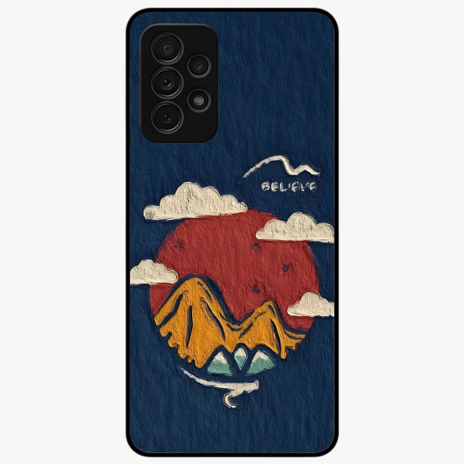 Dream Beyond Mountains Glass Case showing flat back view with scenic mountain landscape artwork and glossy glass finish.