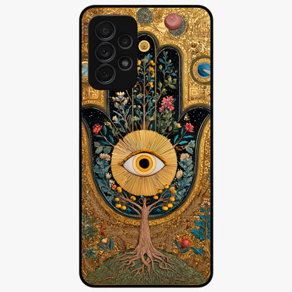 Ethereal Evil Eye Glass Case showing flat back view with mystical evil eye artwork and glossy glass finish.