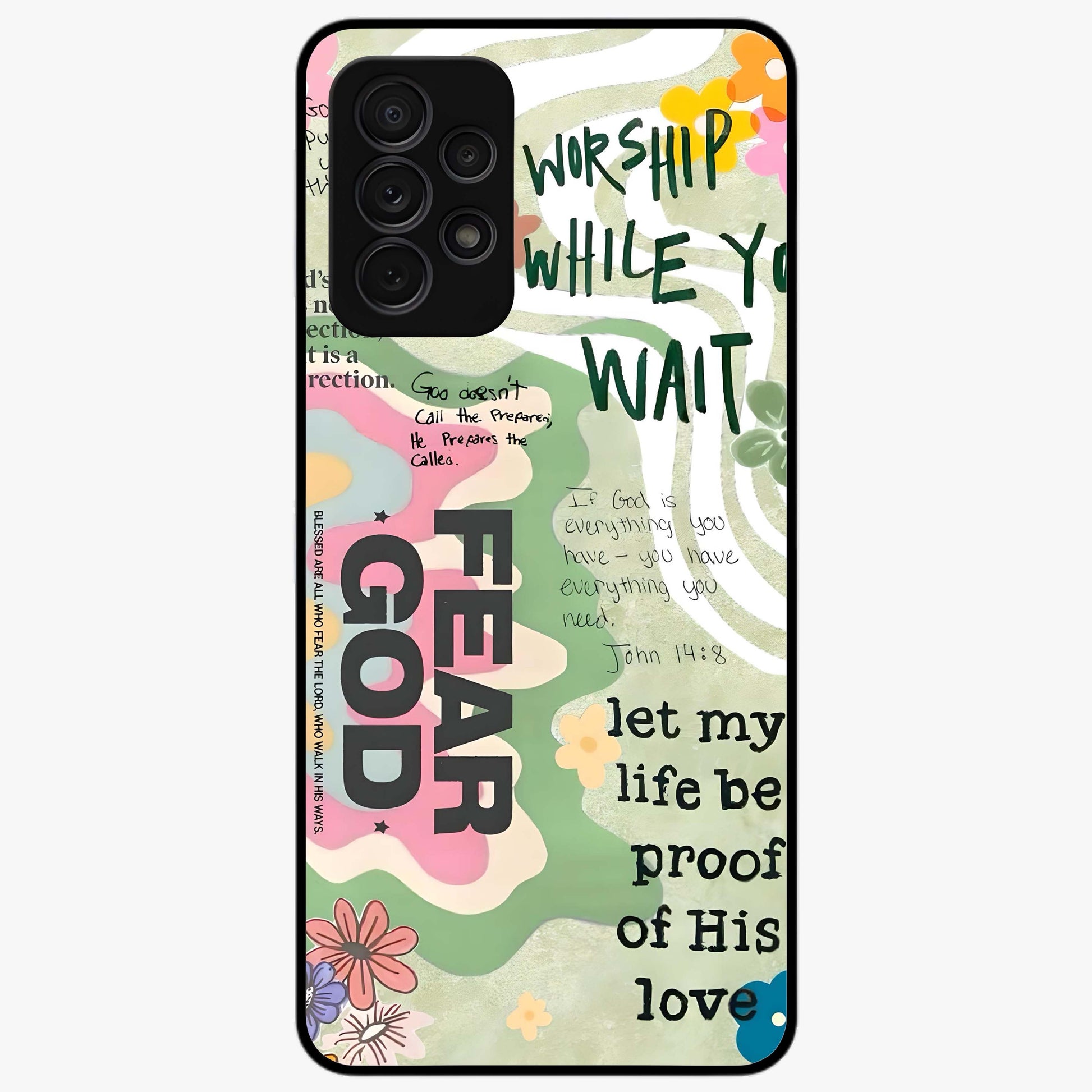 Faith Over Fear Glass Case showing flat back view with motivational typography artwork and glossy glass finish.