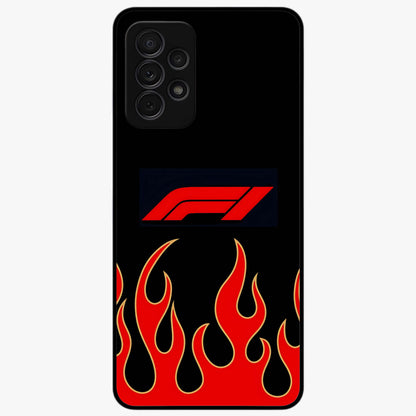 Fire F11 Glass Case showing flat back view with fiery themed artwork and glossy glass finish.