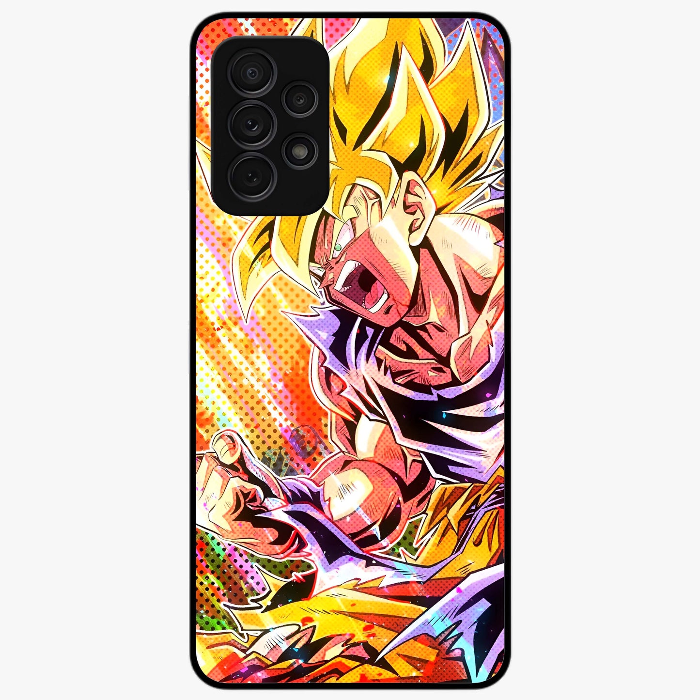 Firing Goku Glass Case showing flat back view with powerful anime inspired artwork and glossy glass finish.