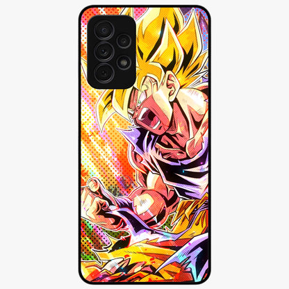 Firing Goku Glass Case showing flat back view with powerful anime inspired artwork and glossy glass finish.