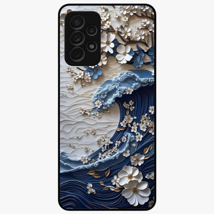 Floral Wave Origami Glass Case showing flat back view with origami inspired floral wave artwork and glossy glass finish.
