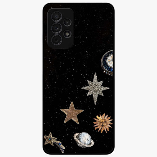 Galactic Charm Glow Glass Case showing flat back view with glowing celestial charm artwork and glossy glass finish.