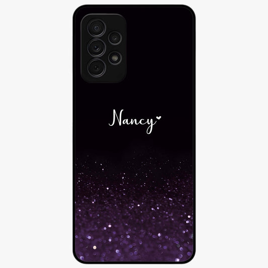 Glittery Purple Bokeh Custom Name Glass Case showing flat back view with purple bokeh sparkle artwork and personalized name design.