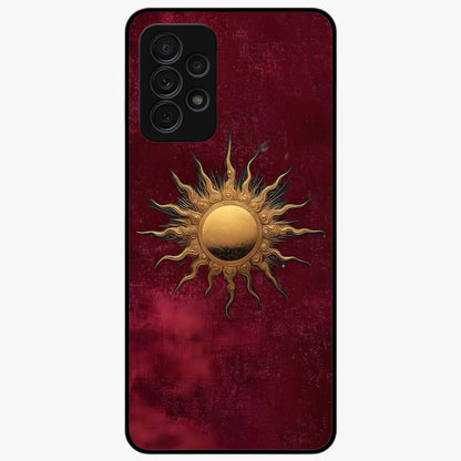 Gold Sun Blush Glass Case showing flat back view with golden sun inspired artwork and glossy glass finish.