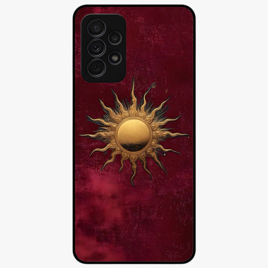 Gold Sun Blush Glass Case showing flat back view with golden sun inspired artwork and glossy glass finish.