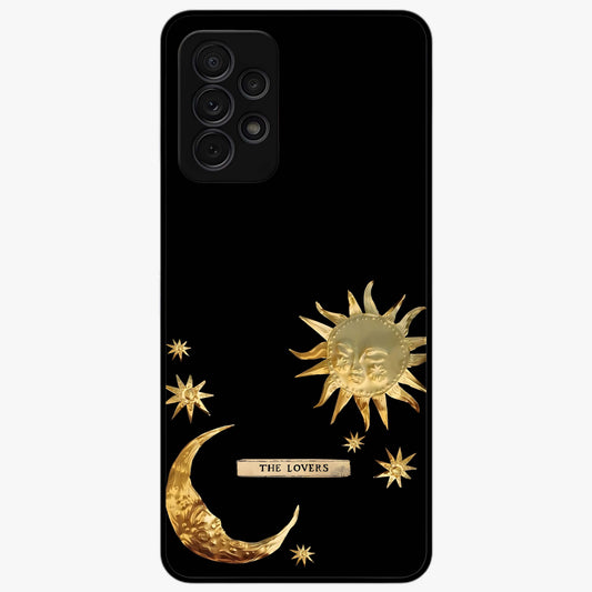Golden Celestial Charm Glass Case showing flat back view with golden celestial charm artwork and glossy glass finish.