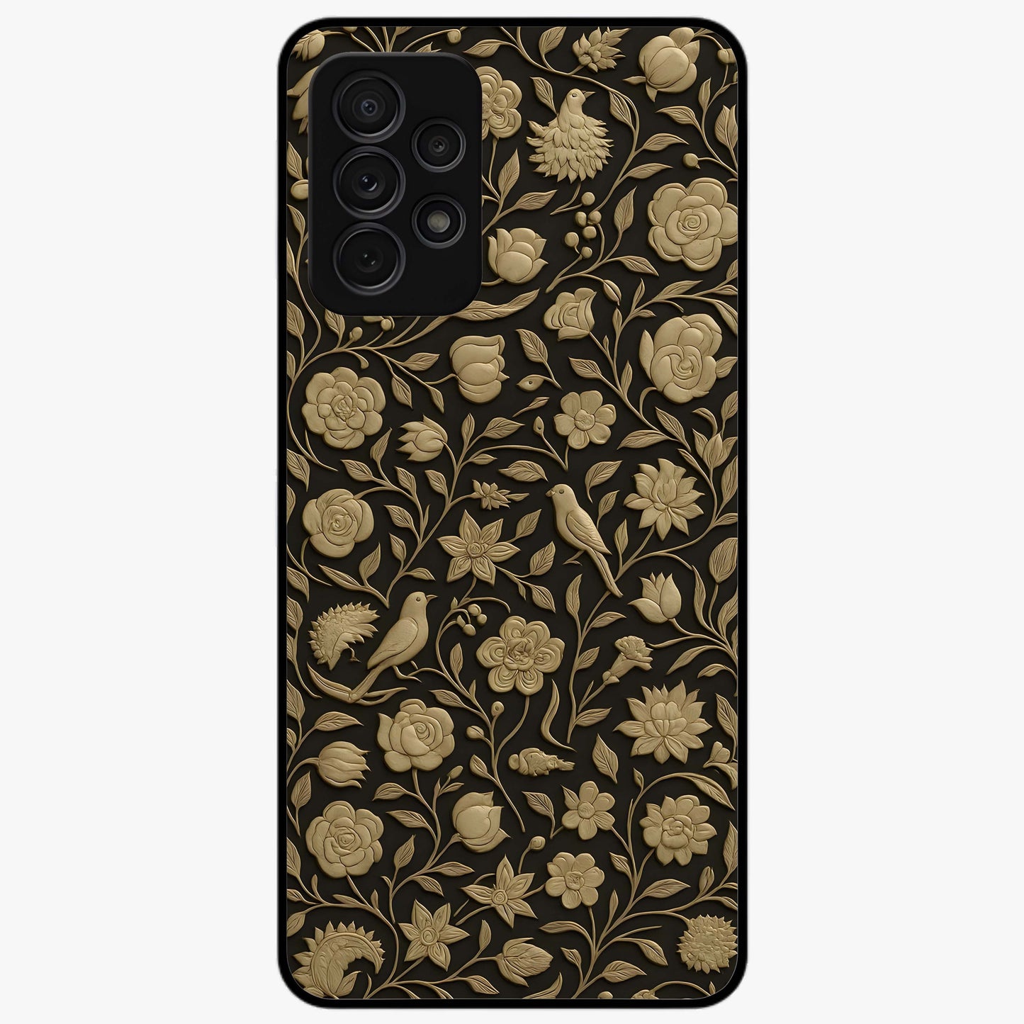 Golden Floral Majesty Glass Case showing flat back view with luxurious golden floral artwork and glossy glass finish.