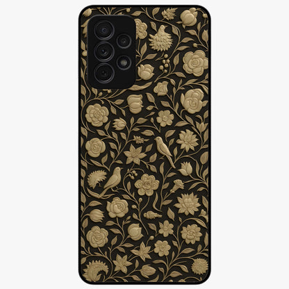 Golden Floral Majesty Glass Case showing flat back view with luxurious golden floral artwork and glossy glass finish.
