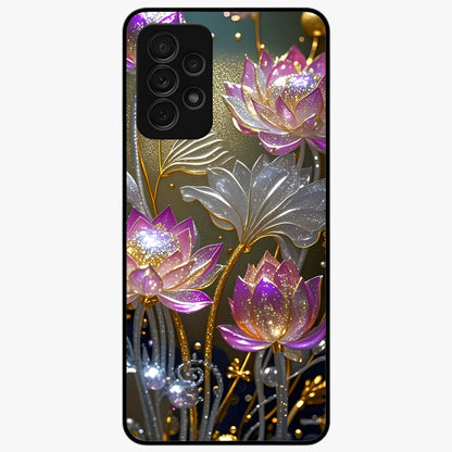 Golden Lotus Glow Glass Case showing flat back view with glowing lotus flower artwork and glossy glass finish.