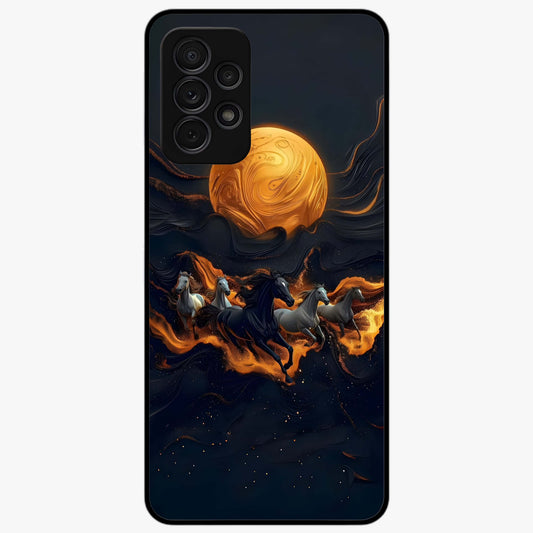 Golden Stallion Moonride Glass Case showing flat back view with majestic horse under moonlight artwork and glossy glass finish.