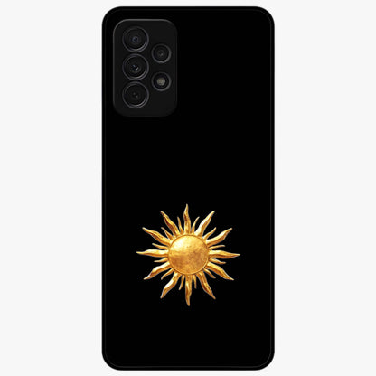 Golden Sun Minimalism Glass Case showing flat back view with minimal golden sun artwork and glossy glass finish.