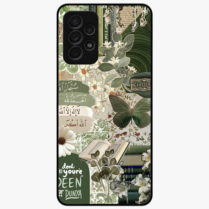 Green Islamic Books Quotes Glass Case showing flat back view with Islamic quotes and book themed artwork and glossy glass finish.