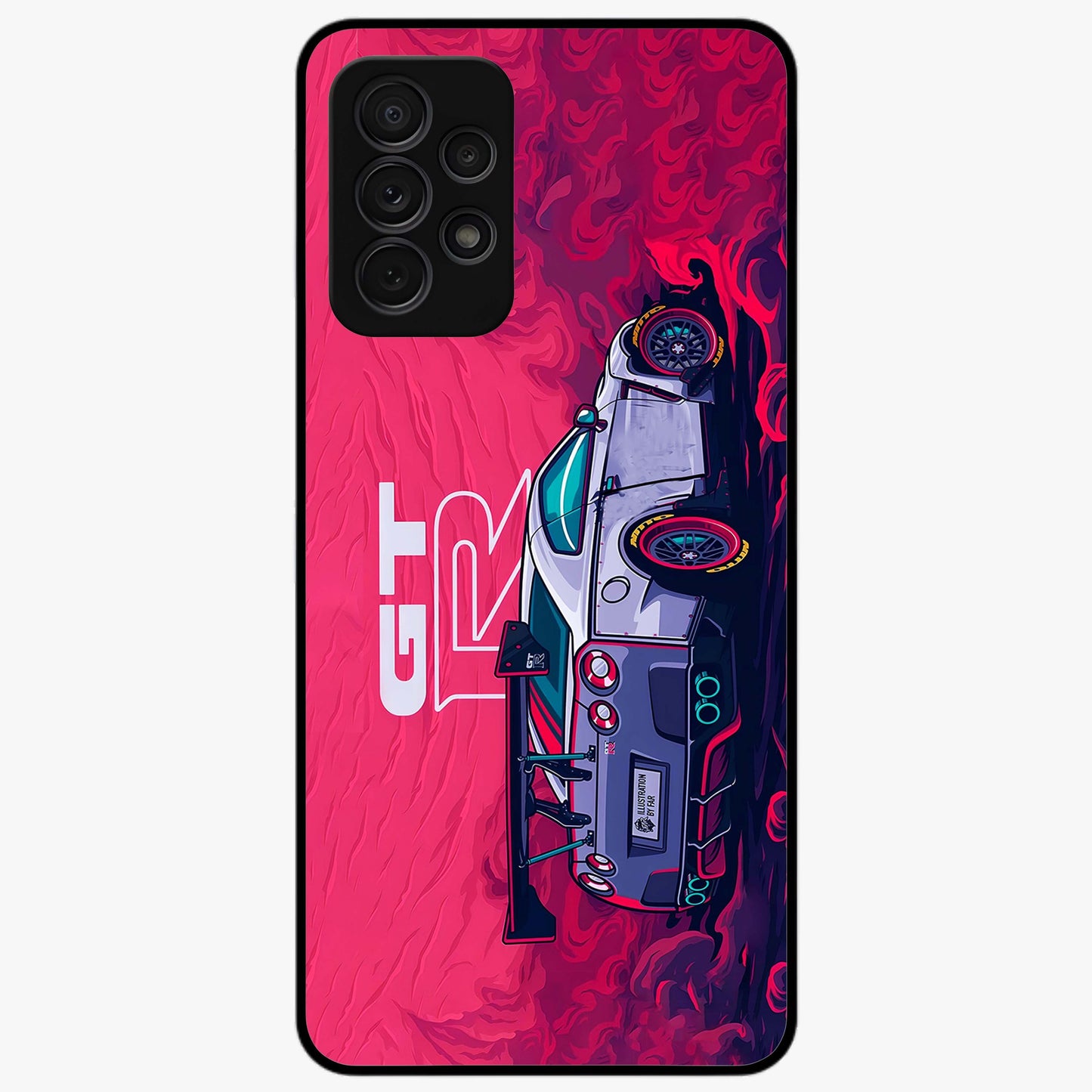 GT-R Car Pattern Glass Case showing flat back view with sporty car inspired pattern artwork and glossy glass finish.