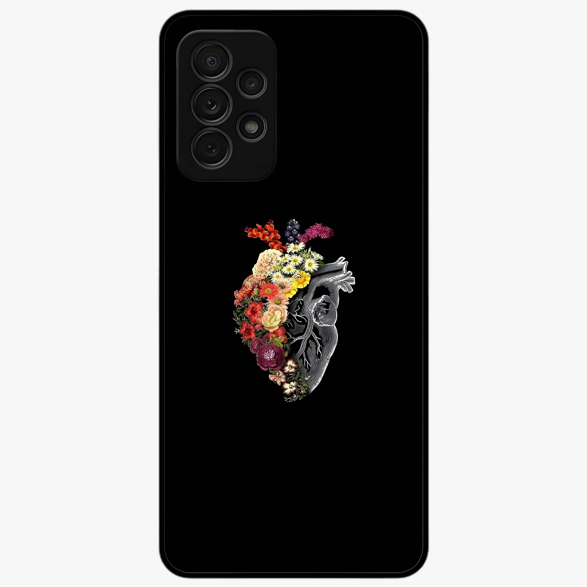 Heart With Flowers Glass Case showing flat back view with heart shaped floral artwork and glossy glass finish.