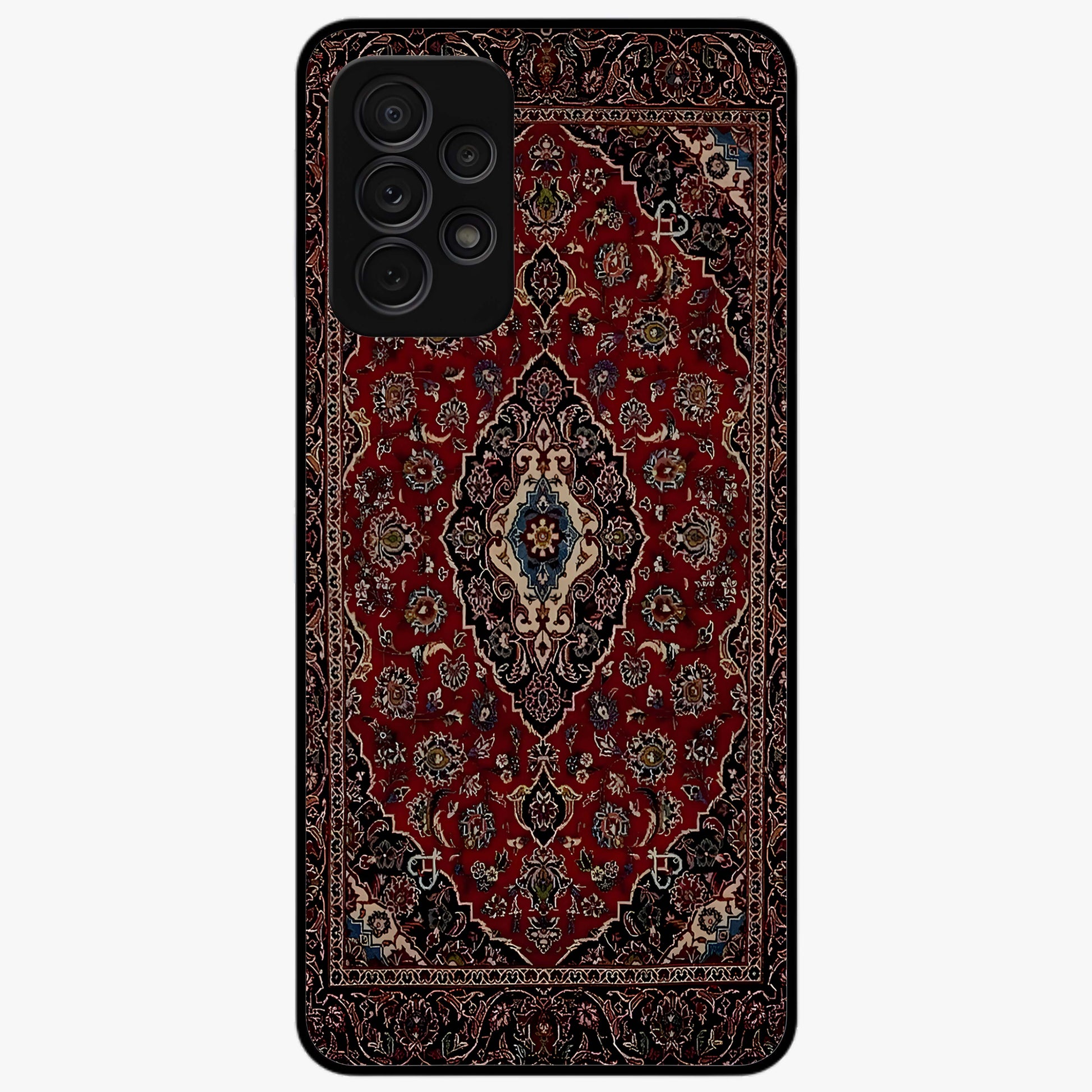 Heritage Carpet Royale Glass Case showing flat back view with ornate Persian carpet inspired pattern and glossy glass finish.