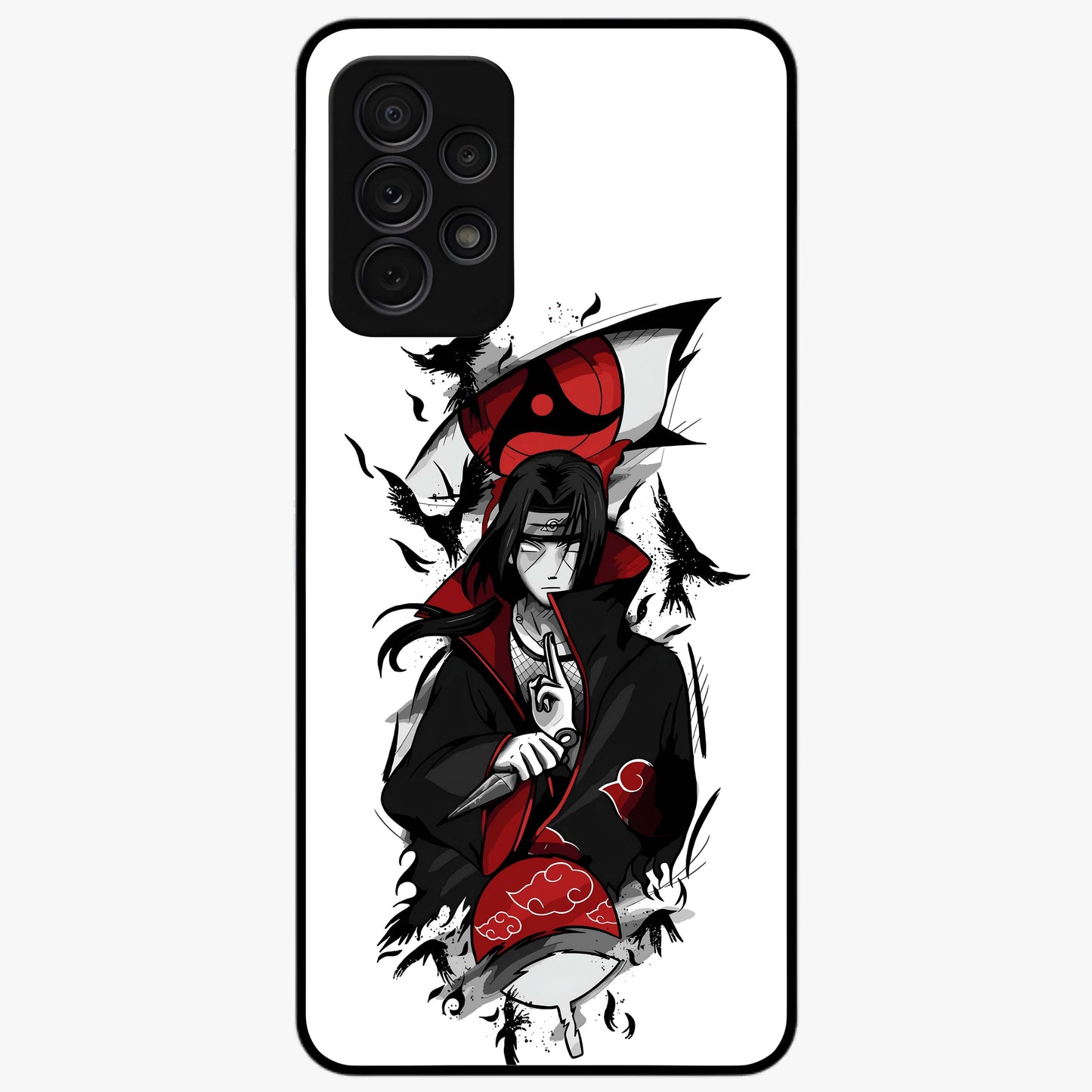Itachi Sharingan Glass Case showing flat back view with powerful anime eye artwork and glossy glass finish.