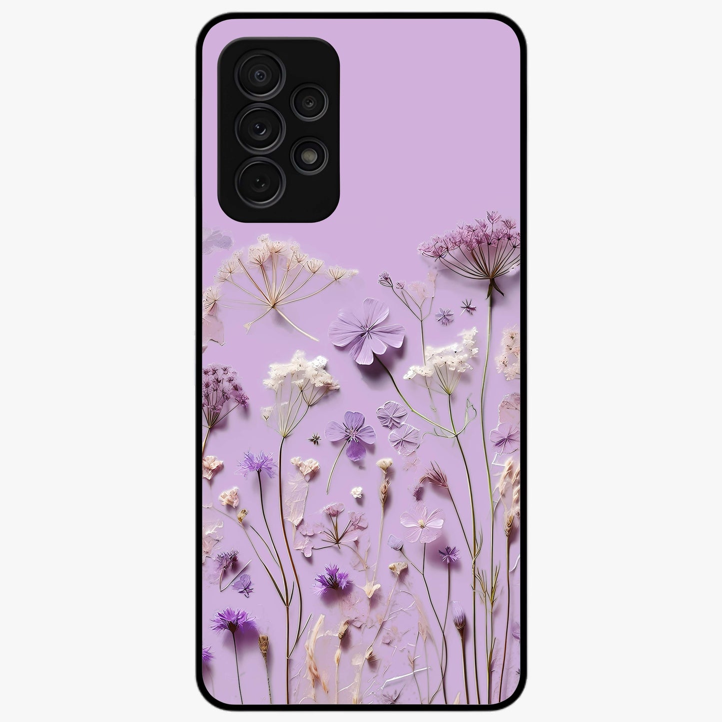 Lavender Blossom Dream Glass Case showing flat back view with soft lavender floral artwork and glossy glass finish.