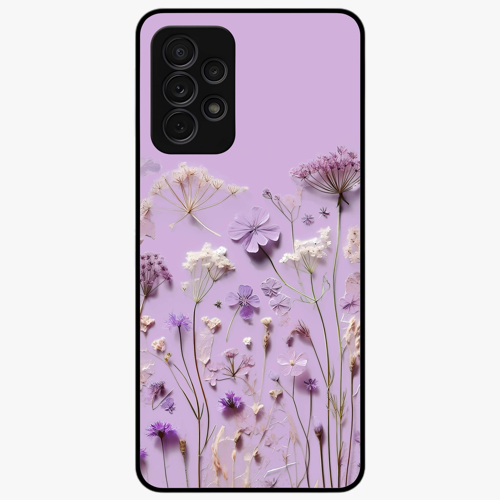Lavender Blossom Dream Glass Case showing flat back view with soft lavender floral artwork and glossy glass finish.