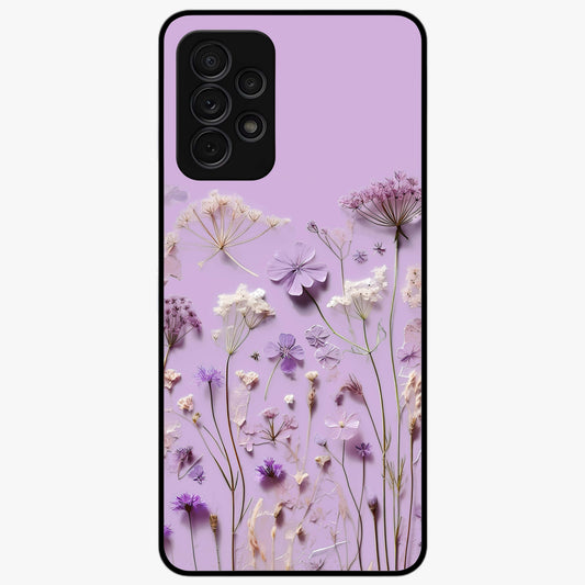 Lavender Blossom Dream Glass Case showing flat back view with soft lavender floral artwork and glossy glass finish.