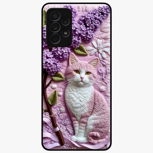 Lavender Cat Whimsy Glass Case showing flat back view with cute lavender cat artwork and glossy glass finish.