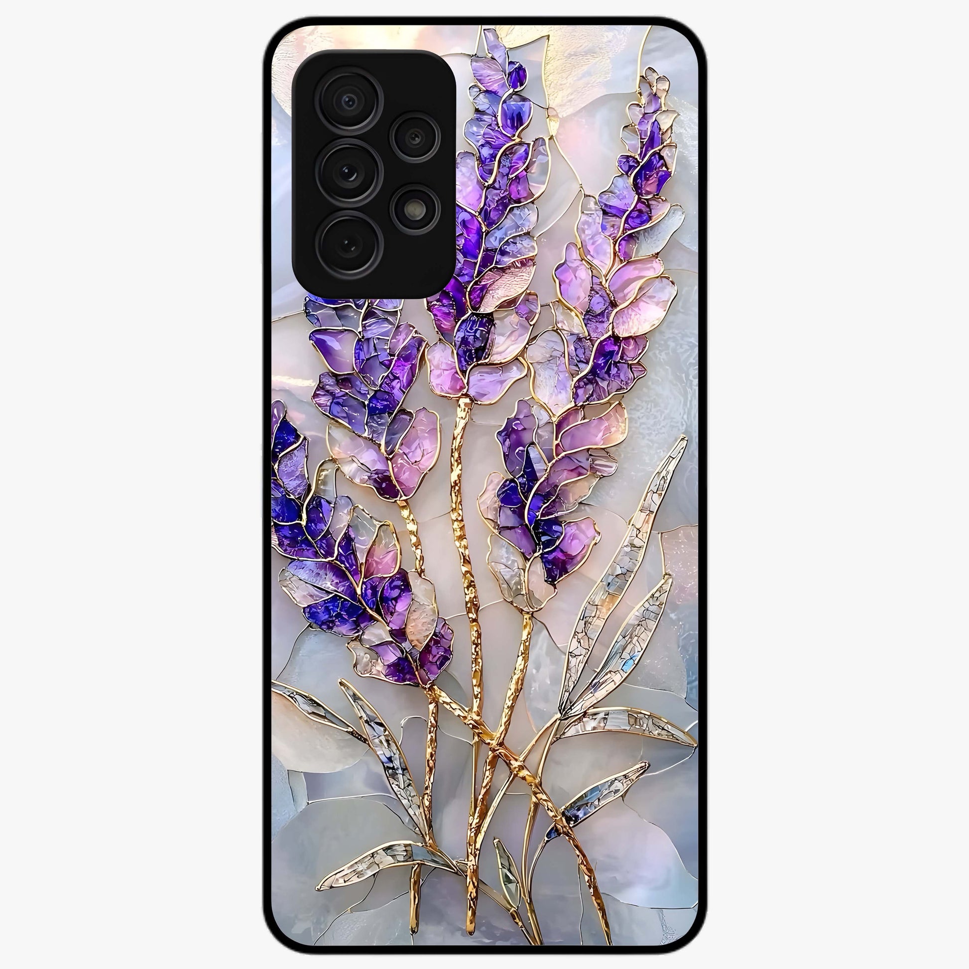 Lavender Dream Glow Glass Case showing flat back view with glowing lavender aesthetic artwork and glossy glass finish.