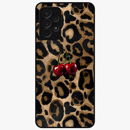 Leopard Wild Cherry Glass Case showing flat back view with leopard pattern and cherry artwork and glossy glass finish.