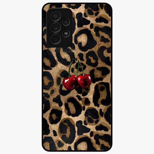 Leopard Wild Cherry Glass Case showing flat back view with leopard pattern and cherry artwork and glossy glass finish.
