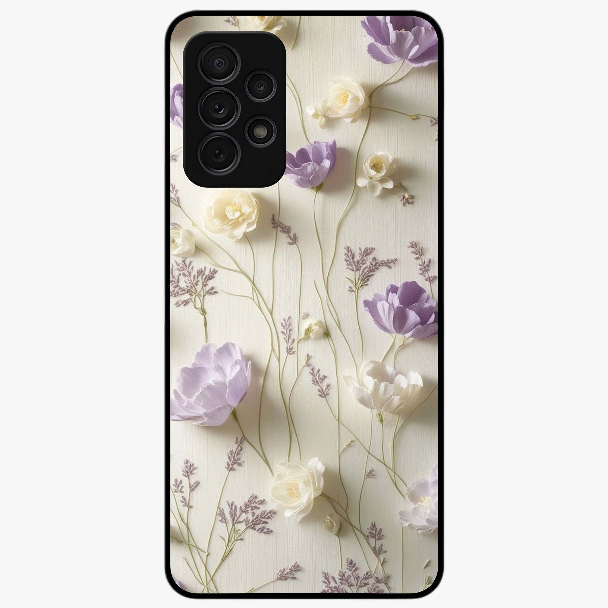 Lilac Breeze Harmony Glass Case showing flat back view with soft lilac themed artwork and glossy glass finish.