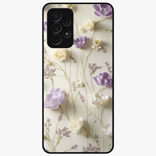 Lilac Breeze Harmony Glass Case showing flat back view with soft lilac themed artwork and glossy glass finish.