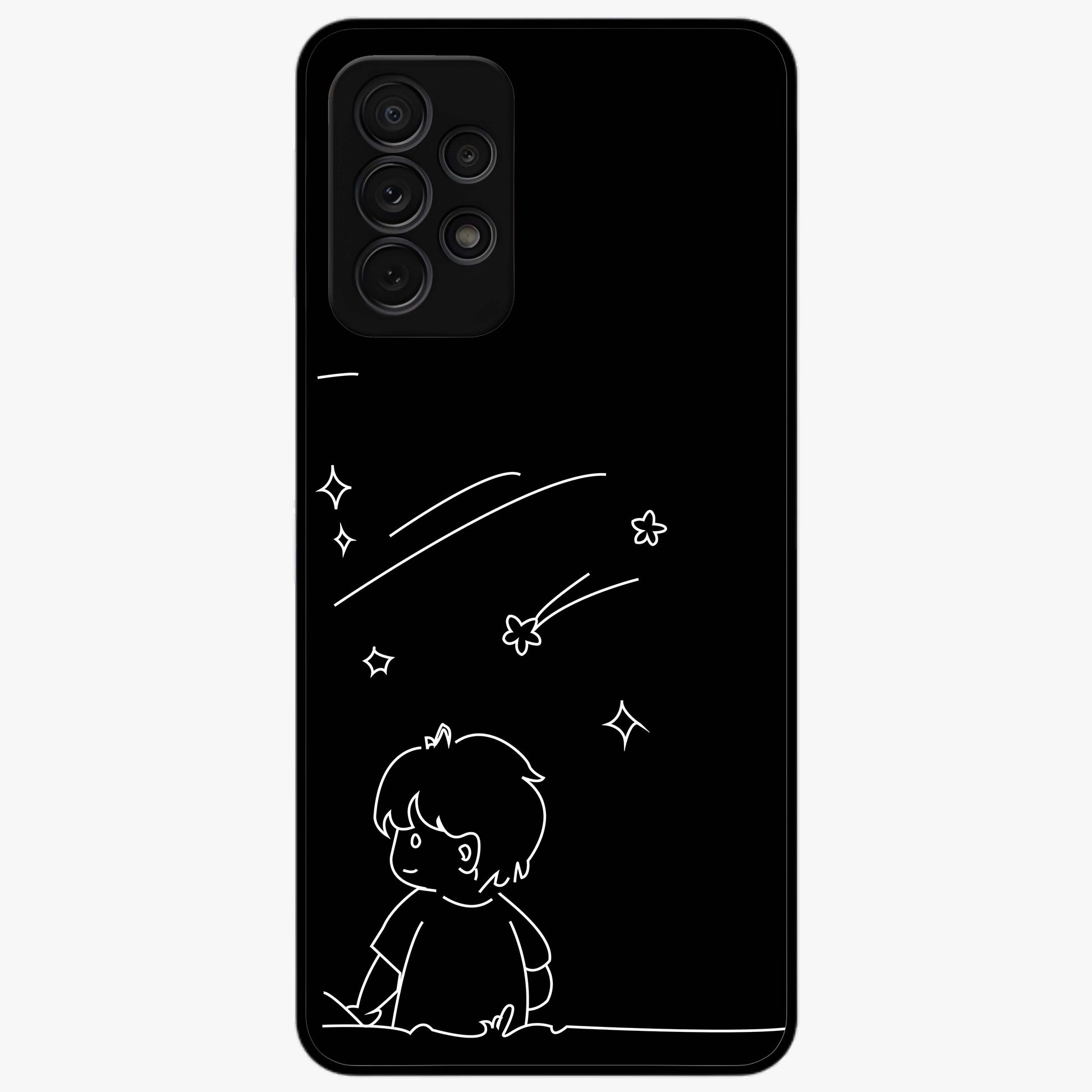 Line Art Boy With Shooting Stars Glass Case showing flat back view with minimal line art boy and shooting stars illustration and glossy glass finish.