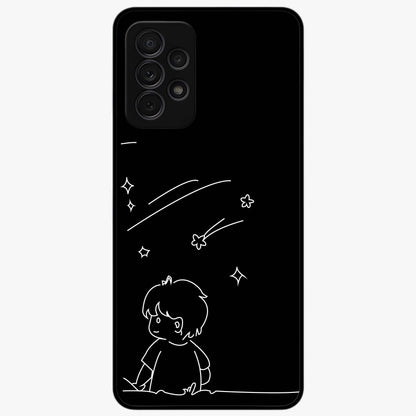 Line Art Boy With Shooting Stars Glass Case showing flat back view with minimal line art boy and shooting stars illustration and glossy glass finish.