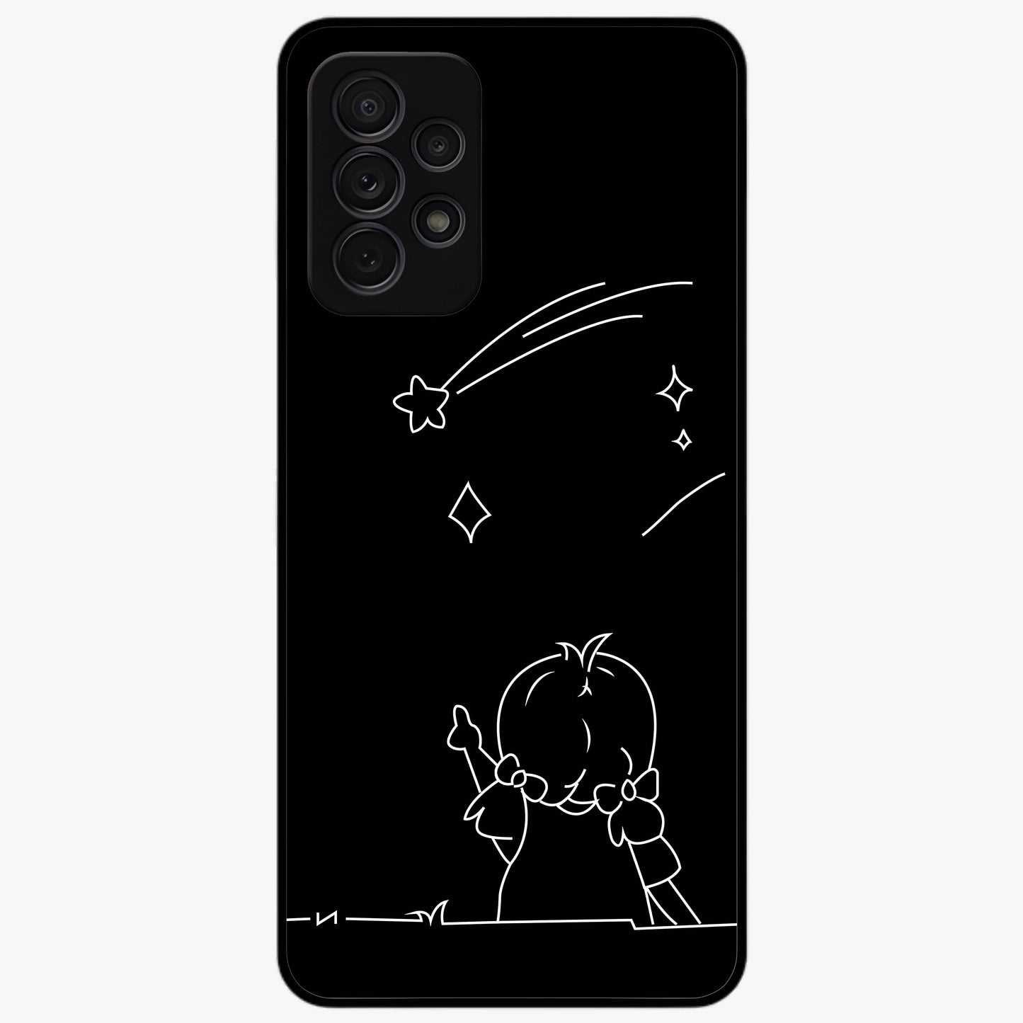 Line Art Girl With Shooting Stars Glass Case showing flat back view with minimal line art girl and shooting stars illustration and glossy glass finish.
