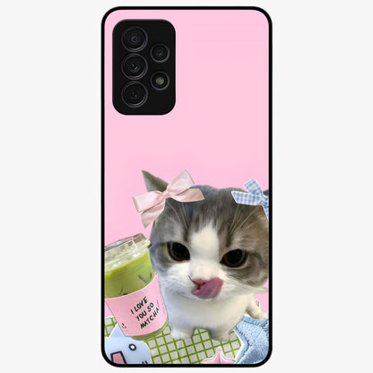 Love Matcha Cat Glass Case showing flat back view with cute cat and matcha themed artwork and glossy glass finish.